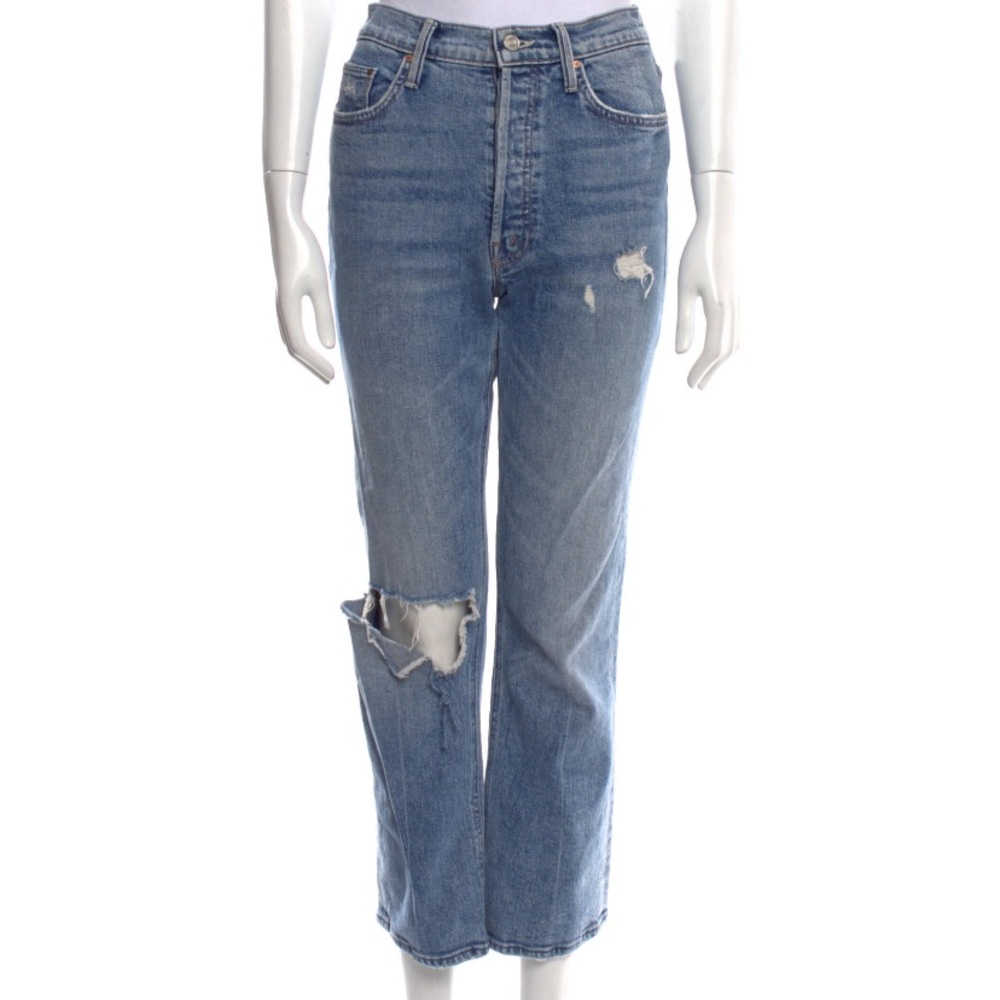 MOTHER Blue Straight Leg Jeans with Distressed Details